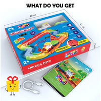 Mirana Toys interlocking train set packaging with dimensions and accessories displayed.