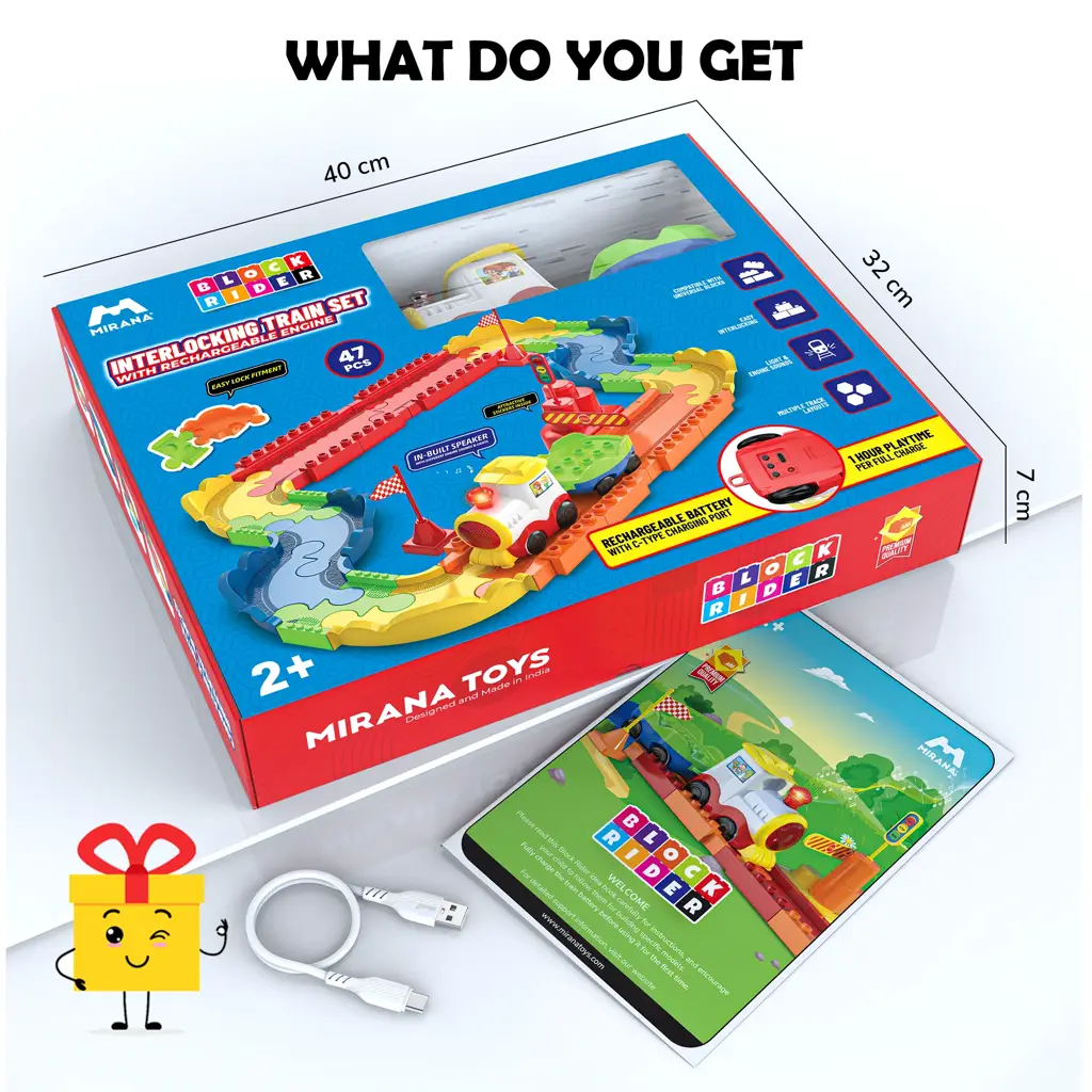 Mirana Toys interlocking train set packaging with dimensions and accessories displayed.