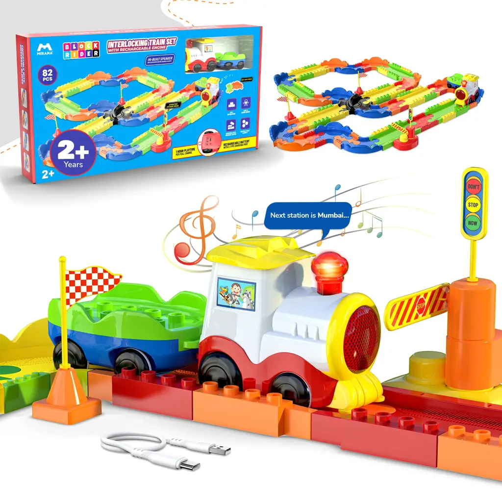 Interlocking train track set toy for toddlers with colorful blocks and rechargeable train engine.