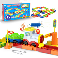 Interlocking train track set toy for toddlers with colorful blocks and rechargeable train engine.