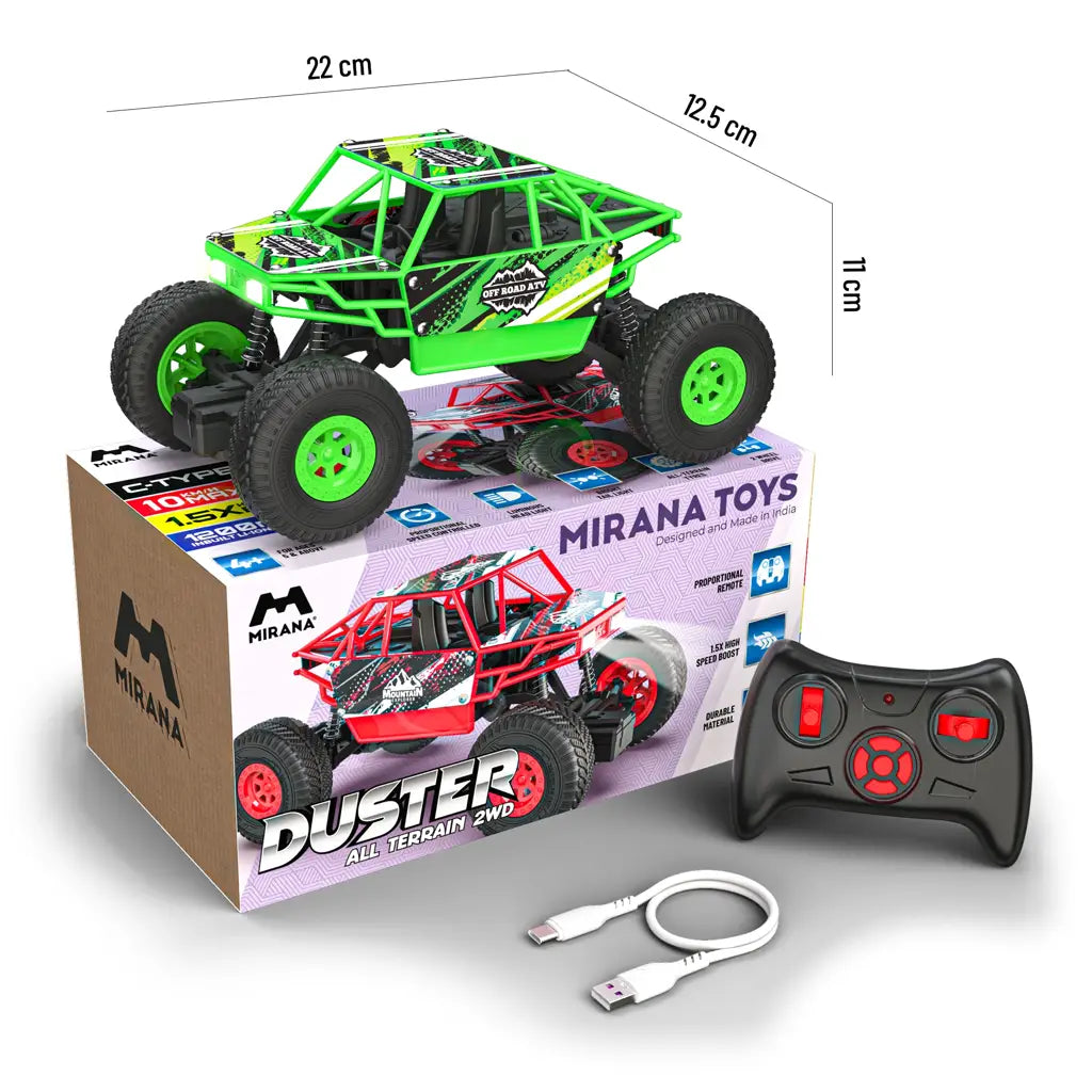 Monster truck RC toy with rechargeable USB charging cable included.
