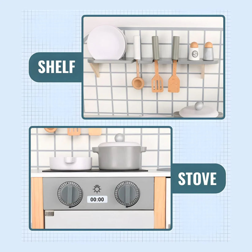Montessori wooden kitchen toy for toddlers with oven, shelves, and play cookware