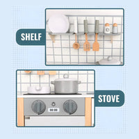 Montessori wooden kitchen toy for toddlers with oven, shelves, and play cookware