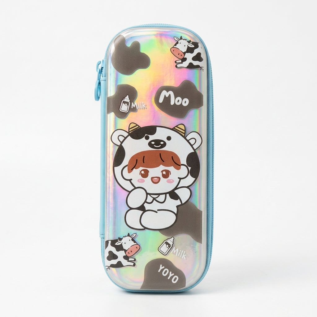 Moo Yoyo kawaii cow holographic transparent pencil pouch for kids and girls with blue zipper