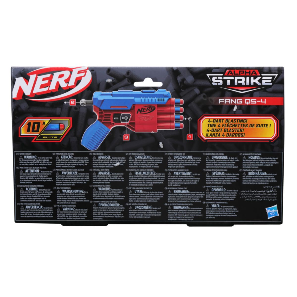 NERF Alpha Strike Fang QS-4 Blaster packaging with darts