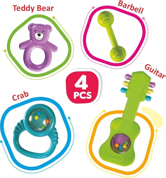 Newborn baby rattle gift set 4 pieces guitar rattle bear teether cat dumbbell rattle sensory toy india