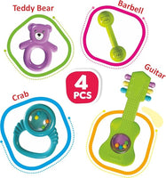 Newborn baby rattle gift set 4 pieces guitar rattle bear teether cat dumbbell rattle sensory toy india