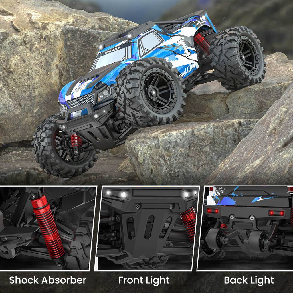 Off-road 4x4 remote control monster truck with shock absorbers and big tires.