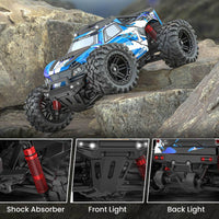 Off-road 4x4 remote control monster truck with shock absorbers and big tires.