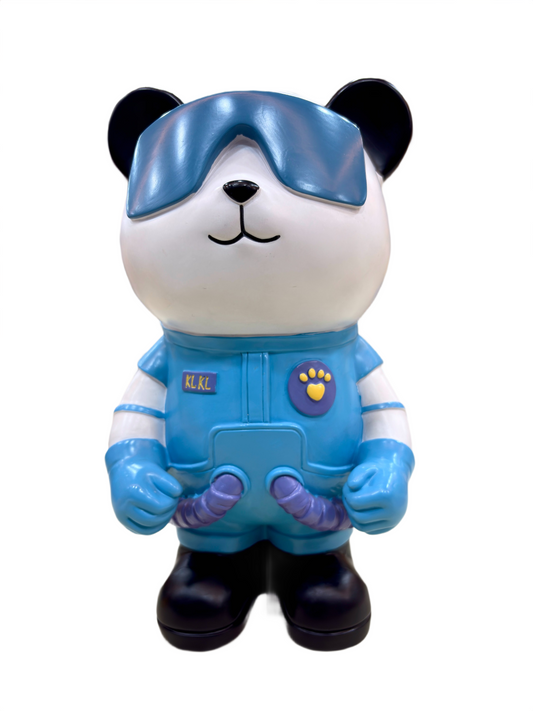 Front view of Panda Astronaut 11-inch showpiece in blue space suit with visor