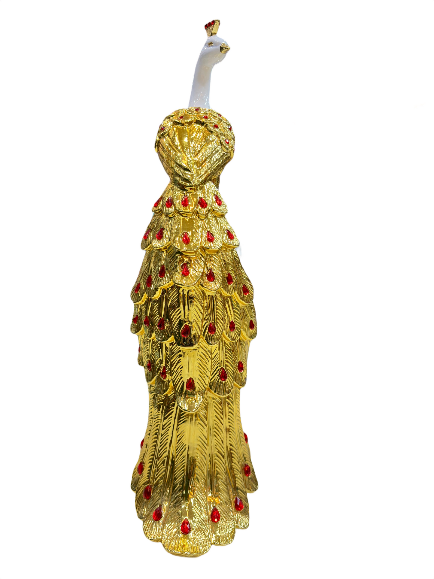 White poly stone peacock pillar showpiece with golden accents and red gemstone details