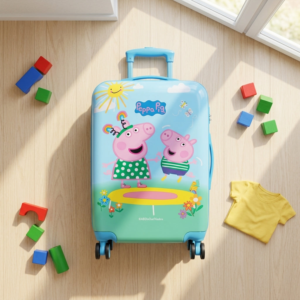Adult pulling pink and blue 20 inch Peppa Pig hard shell kids trolley bag with teal spinner wheels indoors