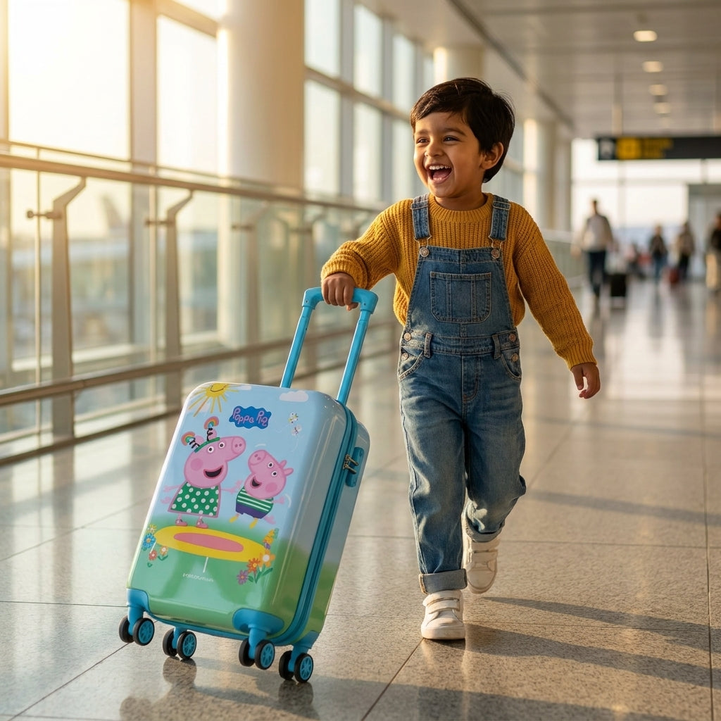 Interior view of Peppa Pig kids hard shell trolley bag showing blue lining cross packing straps and zippered inner pocket