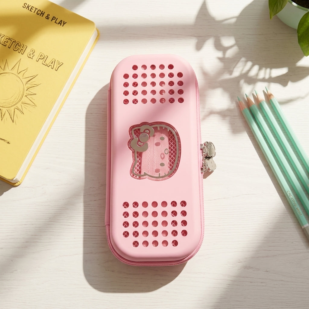 Hard EVA pink pencil box with dot grid texture – cute gift for girls and stationery lovers