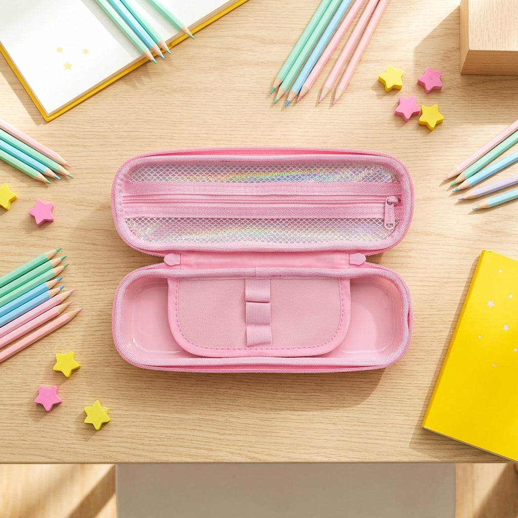Hard shell pink pencil case with embossed dot pattern and cute bear window – back to school girls