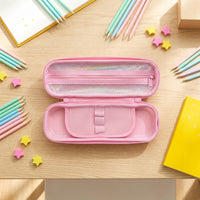 Hard shell pink pencil case with embossed dot pattern and cute bear window – back to school girls