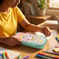 Pink glitter quicksand pencil box with chibi girl character and lemon design for school girls