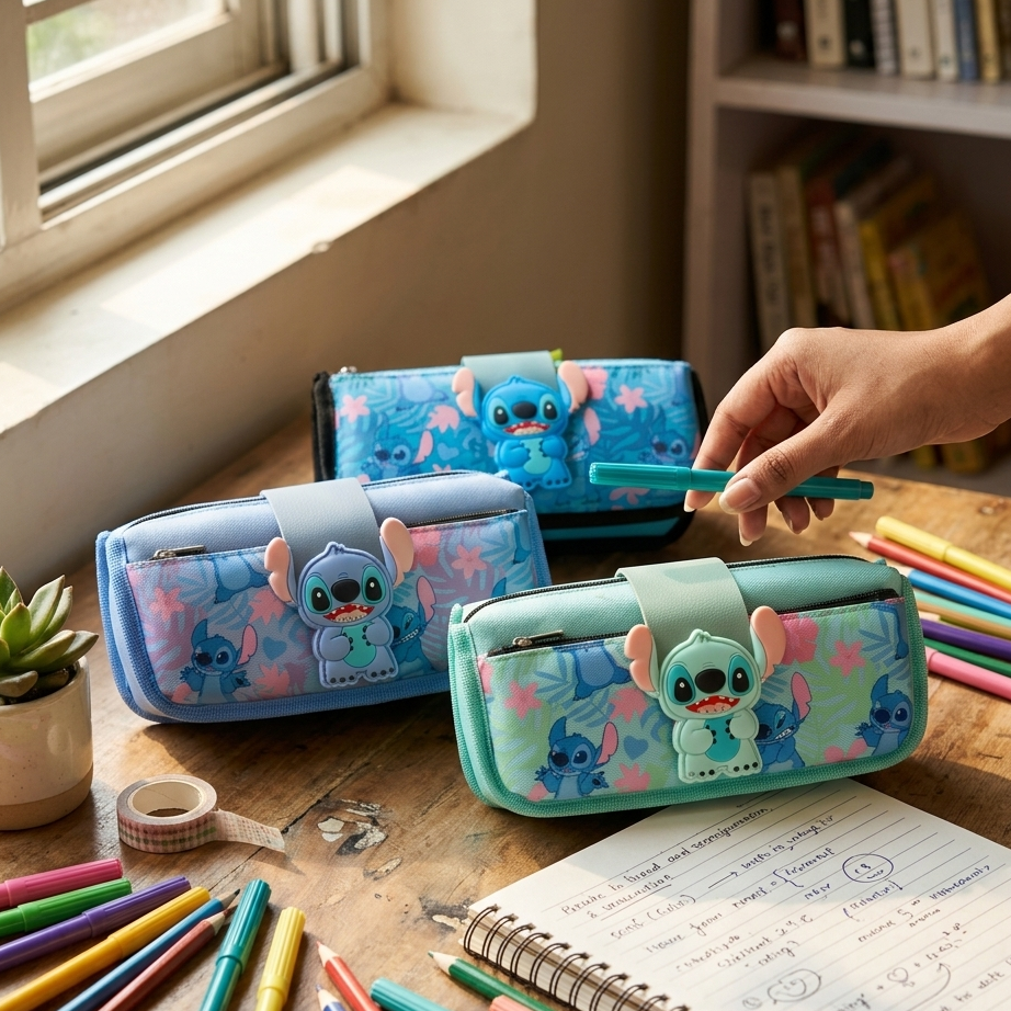 Set of three Stitch-themed pencil pouches displaying color variants in Mint Green, Electric Blue, and Lavender Blue for school and office organization.
