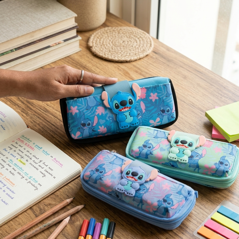 Collection of large-capacity Disney Stitch school stationery pouches in pastel mint, vibrant blue, and soft lavender with multiple zipper compartments.
