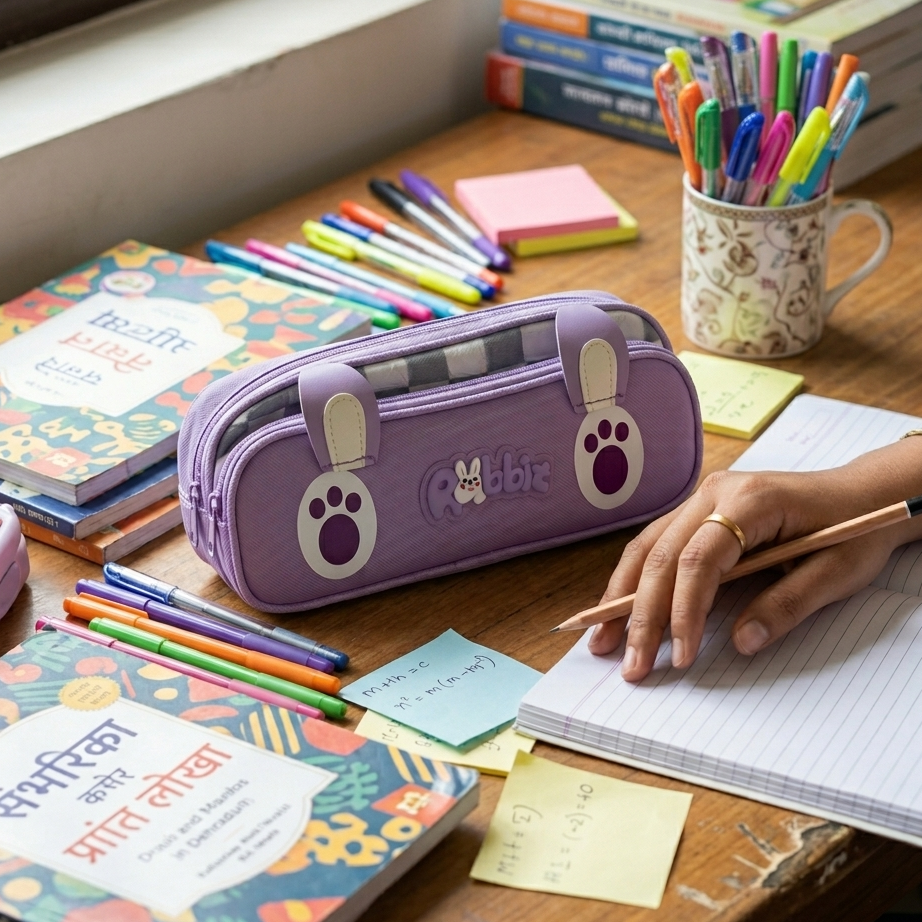 Bunny ear paw pencil case zipper purple for school kids stationery
