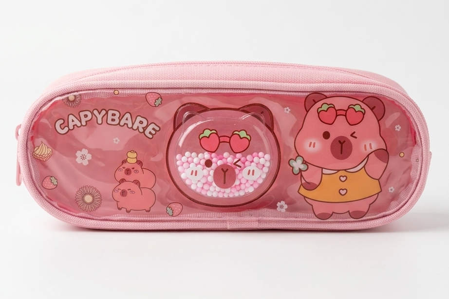 Capybara pencil pouch pink transparent front view for girls
