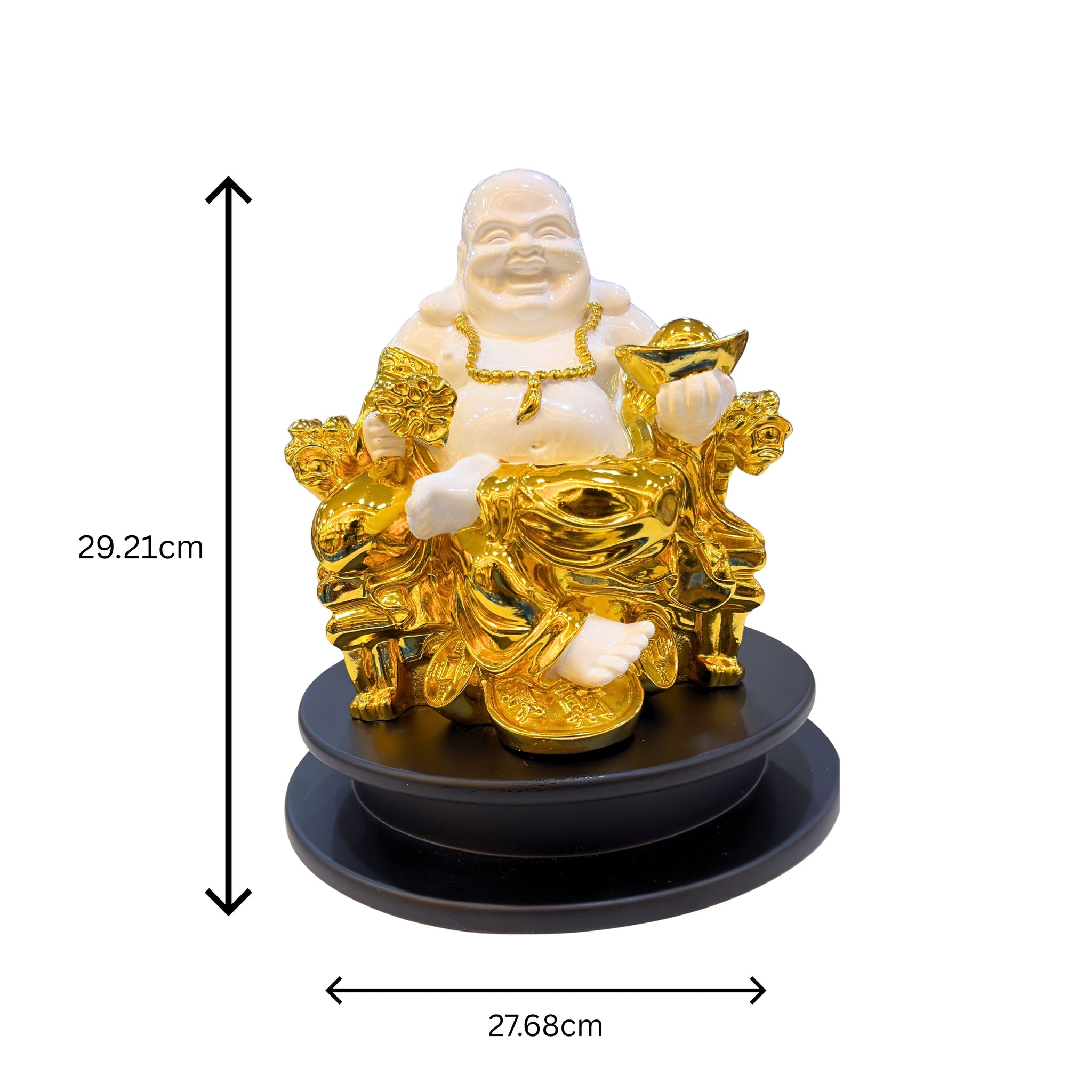 Golden Laughing Buddha Statue with dimensions 29.21 cm height and 27.68 cm length displayed on black round base, ideal feng shui décor for prosperity.
