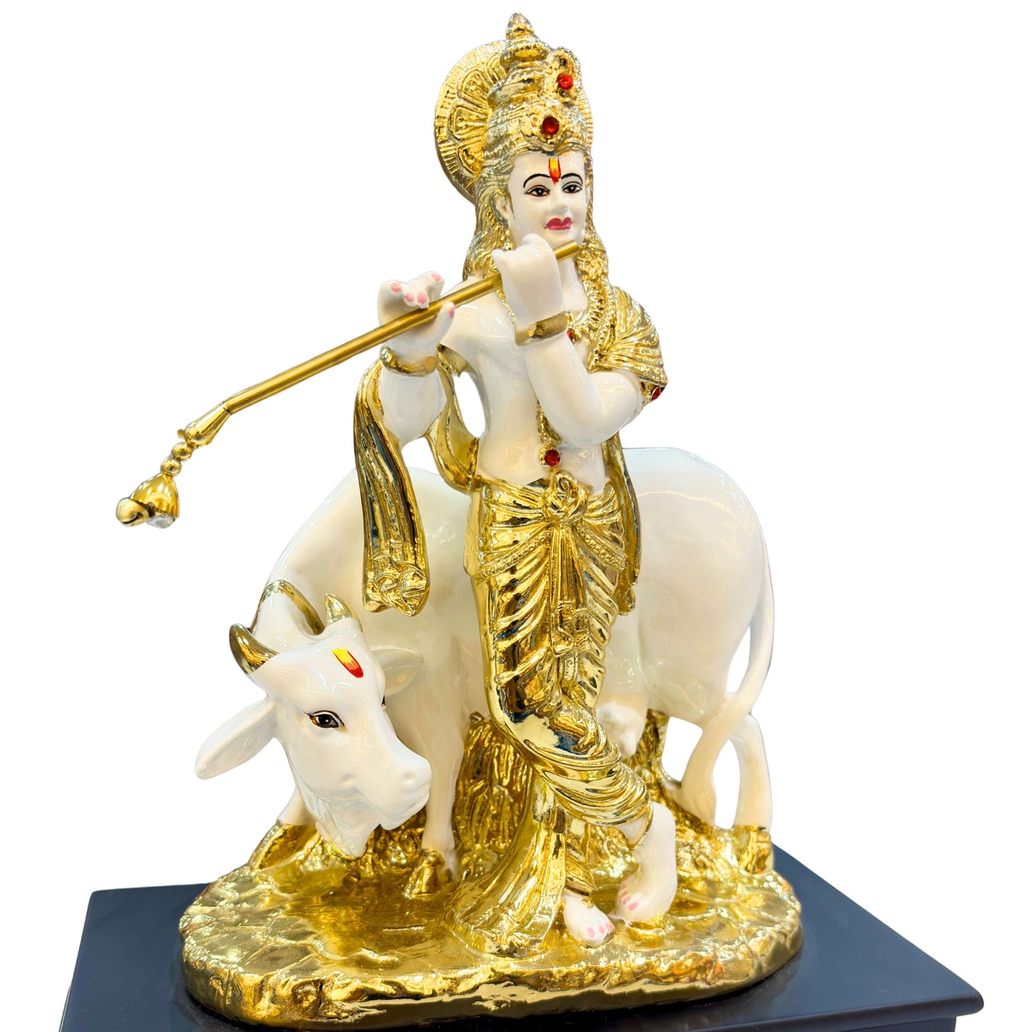 Handcrafted Lord Krishna Idol with Cow – Gold Finish Resin Statue of Krishna Playing Flute for Home Temple & Décor (35.8 cm)
