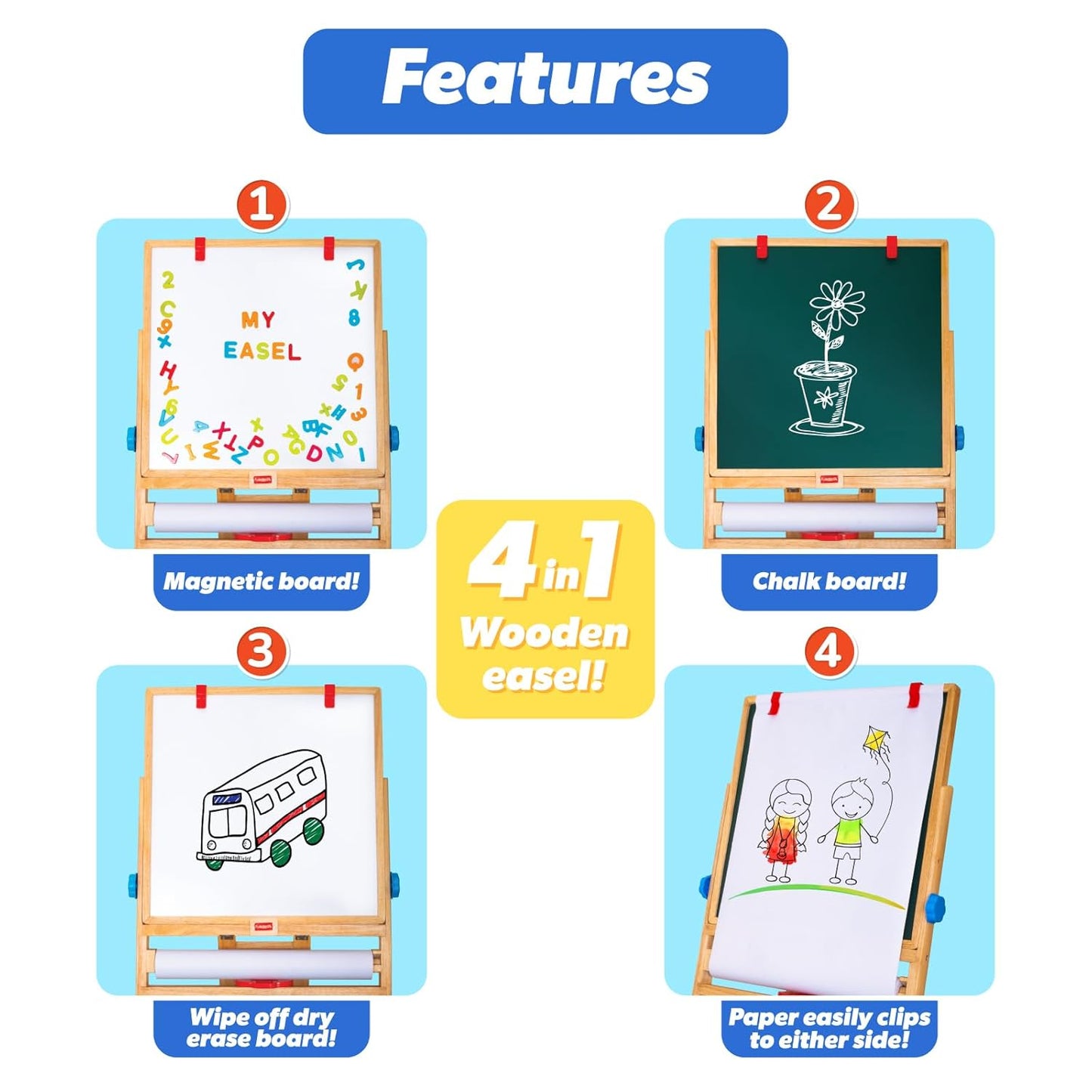 4-in-1 wooden easel with magnetic board, chalkboard, dry erase board, and paper clip feature 
