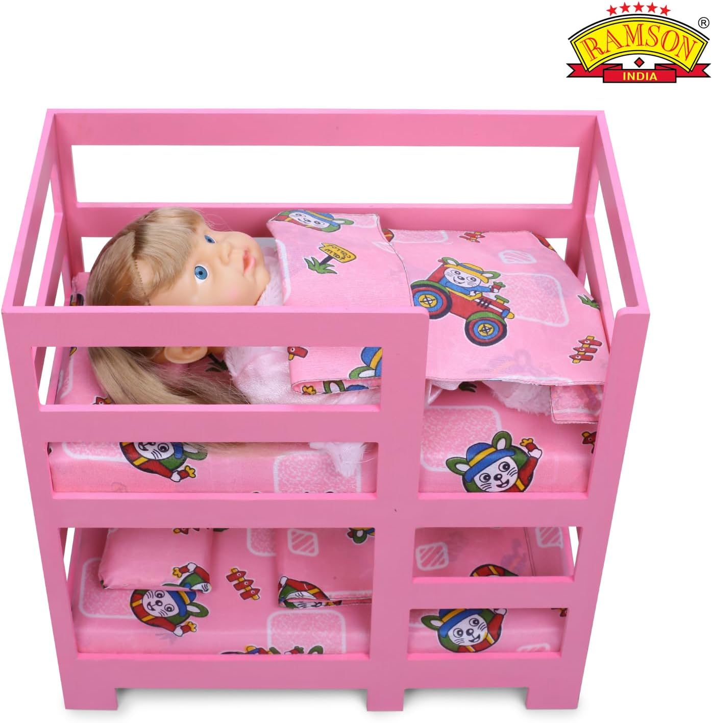 Pretend play doll furniture pink bunk bed with printed mattress and pillows