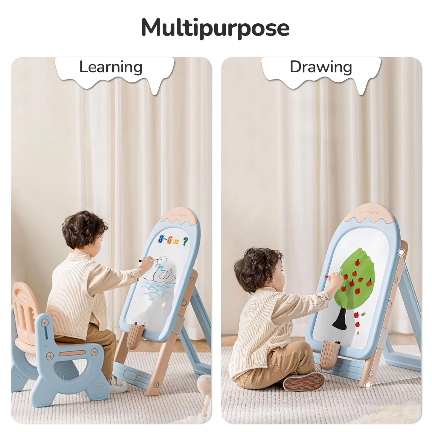 The height-adjustable feature of the R for Rabbit Little Genius blue art easel being demonstrated.