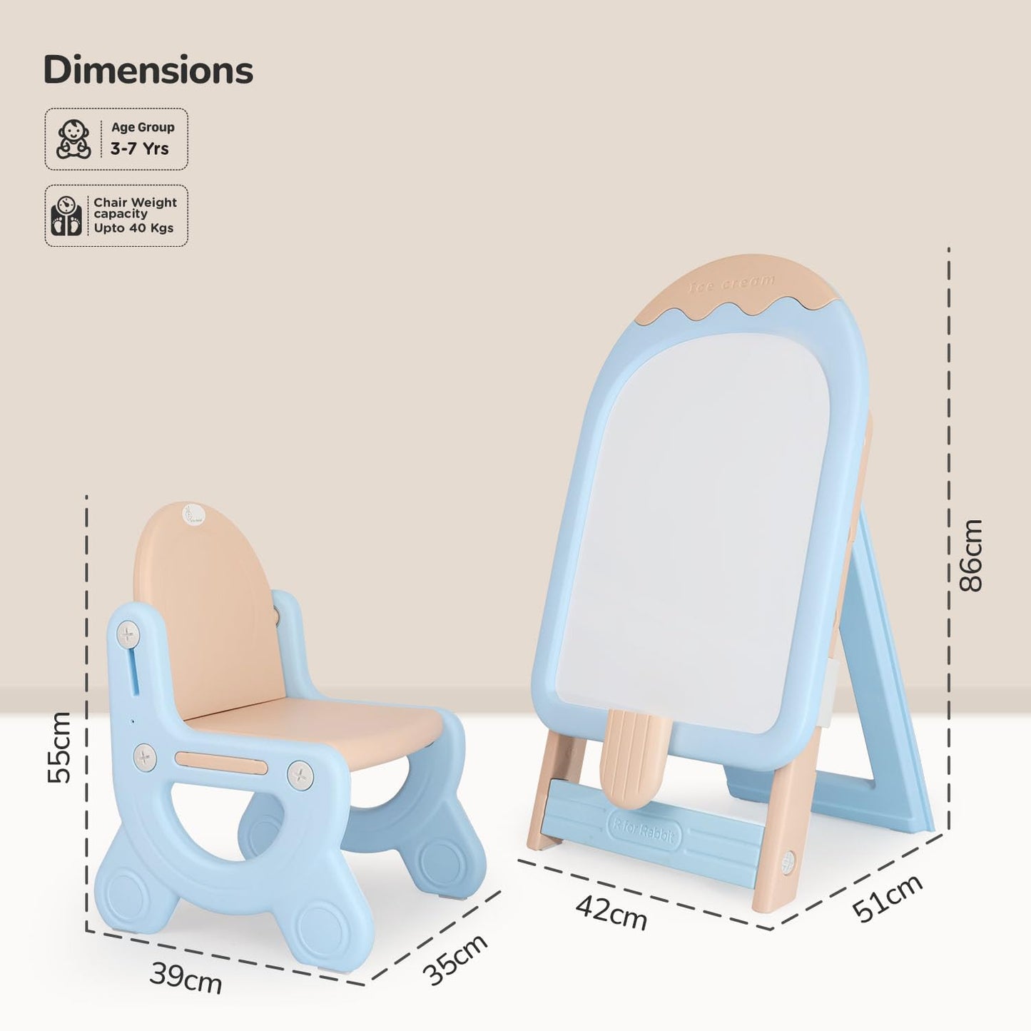 R for Rabbit Little Genius blue easel board set shown with matching chair, magnetic whiteboard, and drawing accessories for kids.