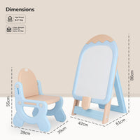 R for Rabbit Little Genius blue easel board set shown with matching chair, magnetic whiteboard, and drawing accessories for kids.