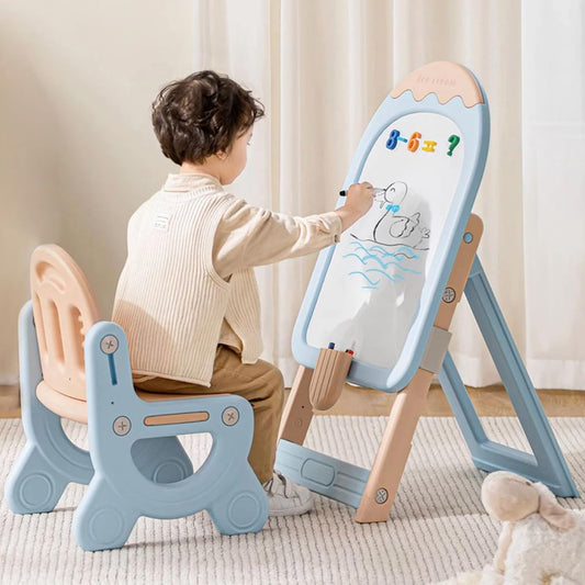 R for Rabbit Little Genius blue easel board set shown with matching chair, magnetic whiteboard, and drawing accessories for kids.