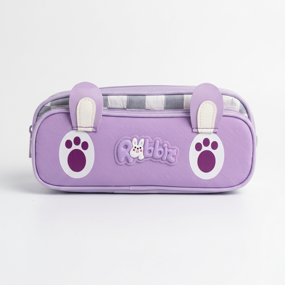 Cute rabbit pencil pouch lavender purple front view for girls kids