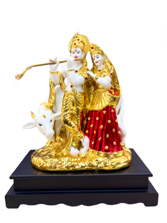 Radha Krishna Idol with Cow & Flute | 13 Inch Resin Decorative Statue for Home Temple, Puja & Gifting