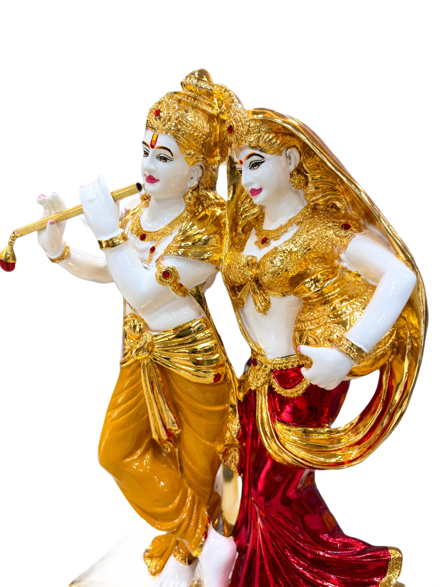 Side view of Radha Krishna murti 19 inch resin idol with wooden base golden detailing for home and office décor
