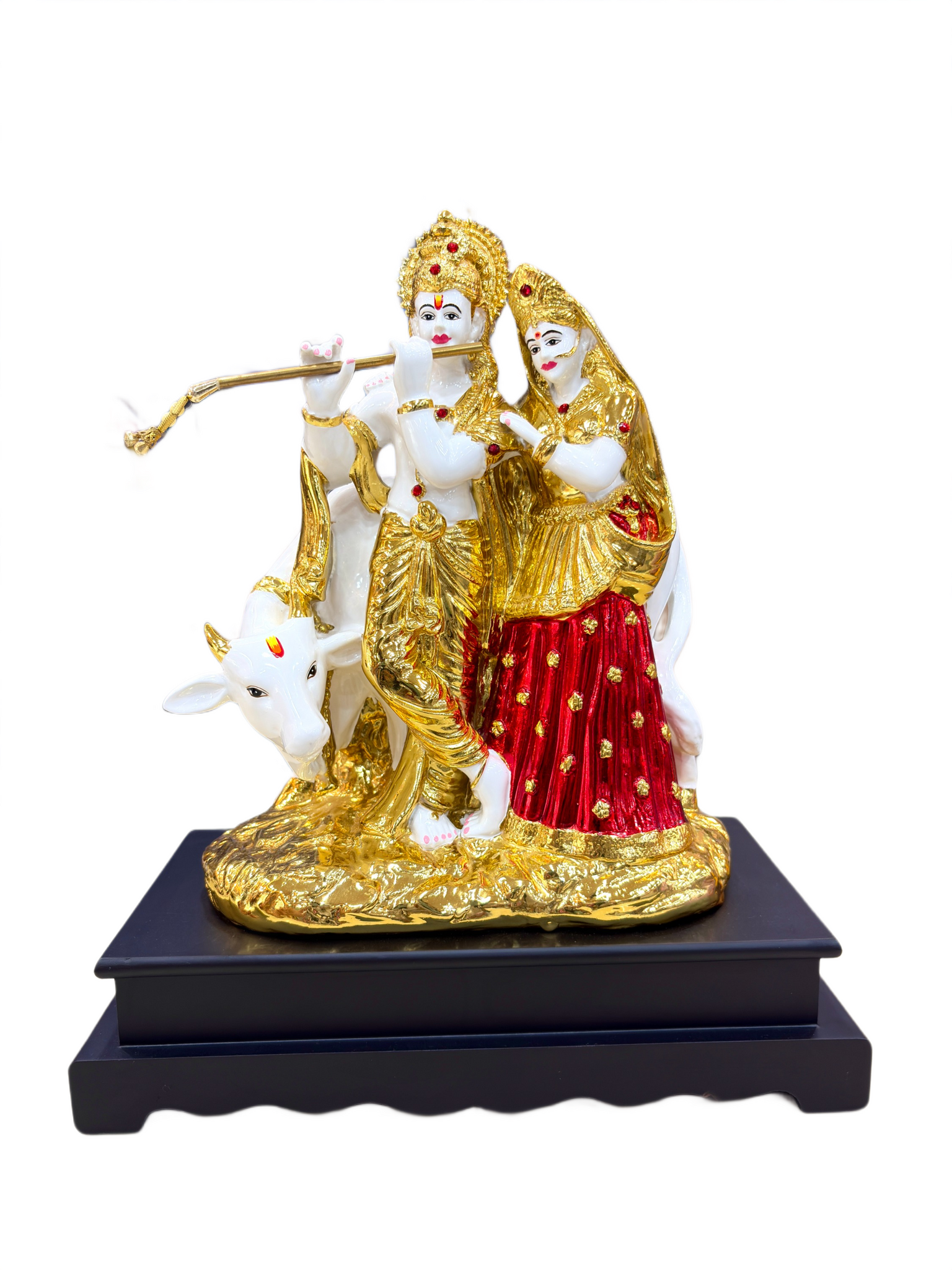Radha Krishna Idol with Cow & Flute | 13 Inch Resin Decorative Statue for Home Temple, Puja & Gifting