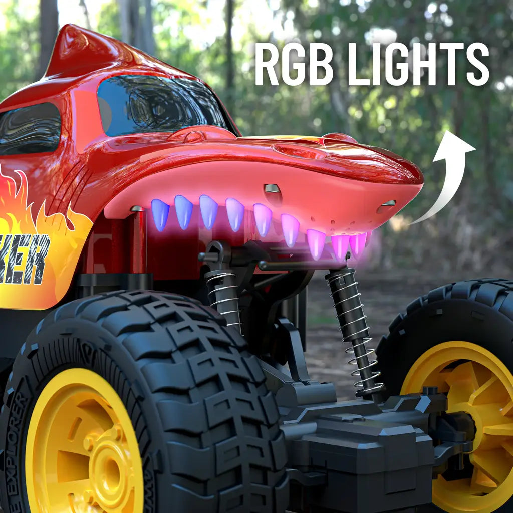 RC monster truck toy with cool RGB headlights for racing fun.