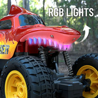 RC monster truck toy with cool RGB headlights for racing fun.