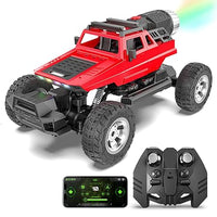 RC off-road car driving on grass and rocky terrain