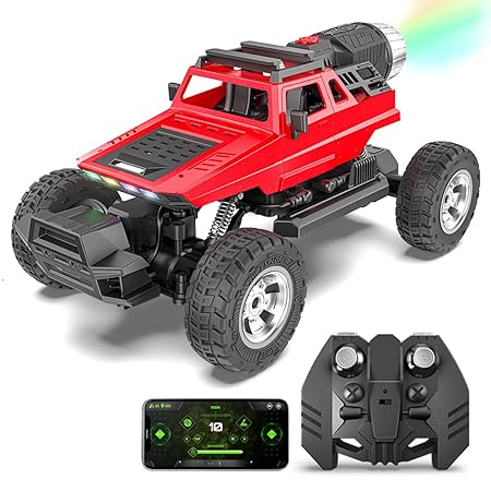 RC off-road car driving on grass and rocky terrain