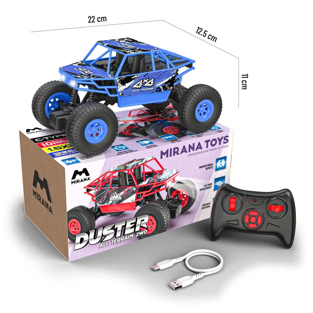 Rechargeable RC monster truck toy car for kids with USB charging cable.