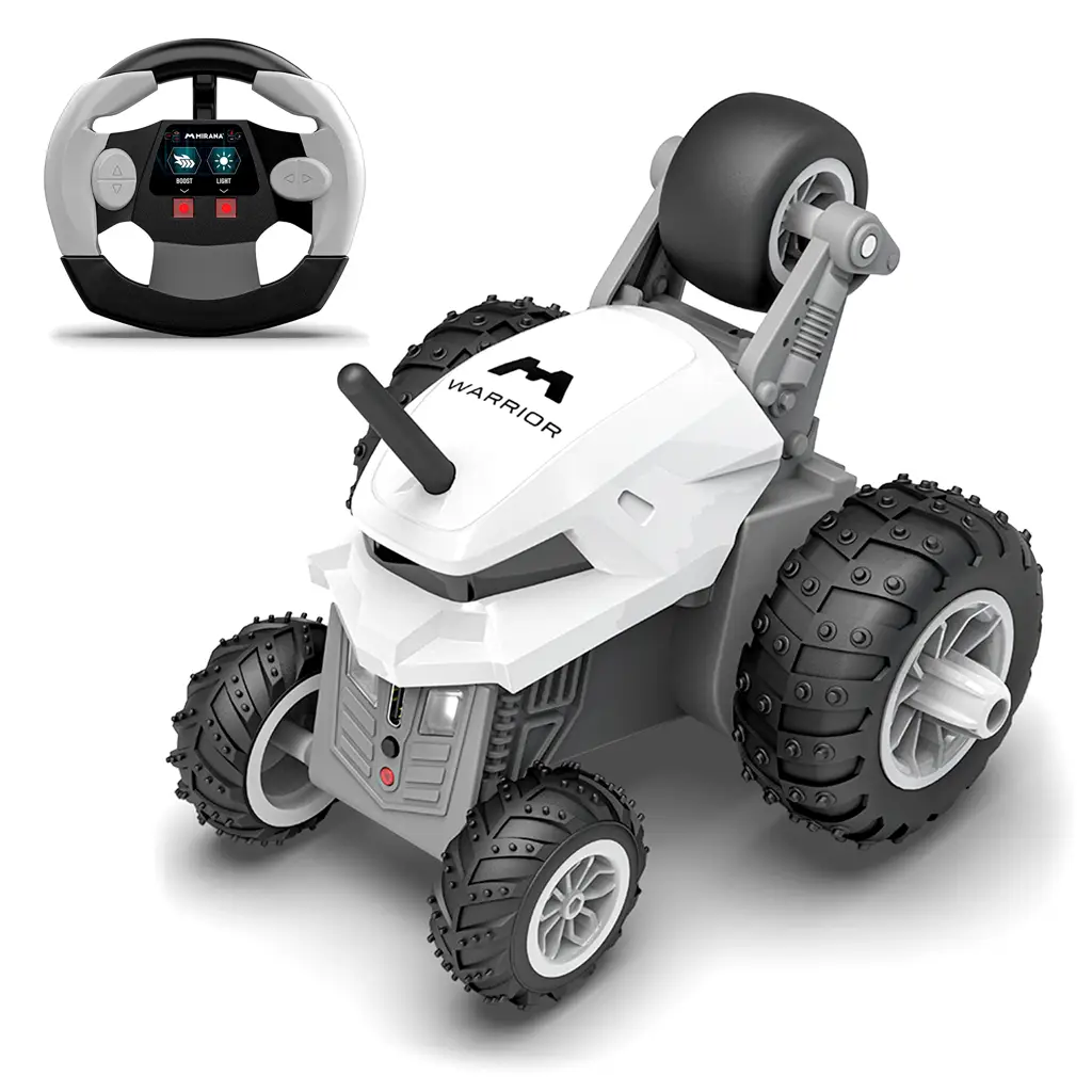 Rechargeable RC stunt car with USB charging cable for children.