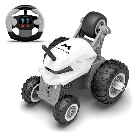 Rechargeable RC stunt car with USB charging cable for children.