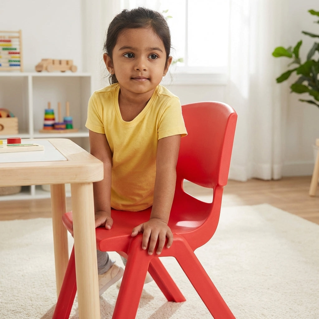 Red kids plastic chair lightweight stackable for toddlers and preschoolers