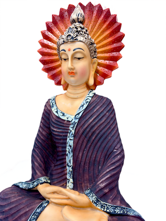 Gautam Buddha Statue for Home Decor – 16 Inch Handcrafted Resin Idol with Red Sun Halo for Peace & Positive Energy