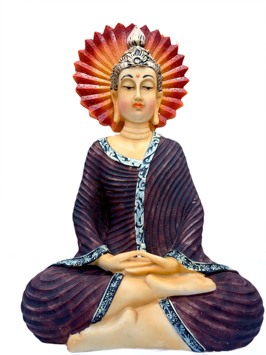Gautam Buddha Statue for Home Decor – 16 Inch Handcrafted Resin Idol with Red Sun Halo for Peace & Positive Energy