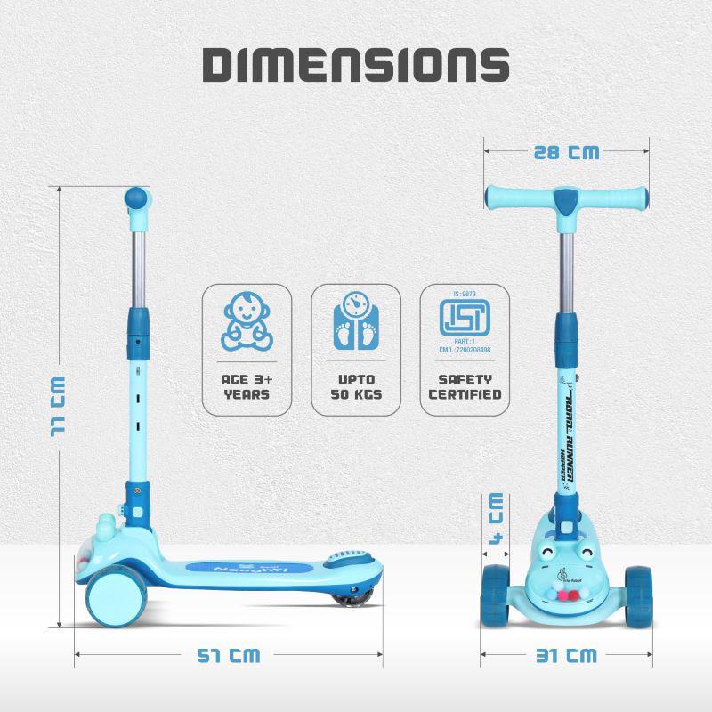 Close-up front view of Road Runner Hopper Kids Scooter showing PU LED wheels and durable frame