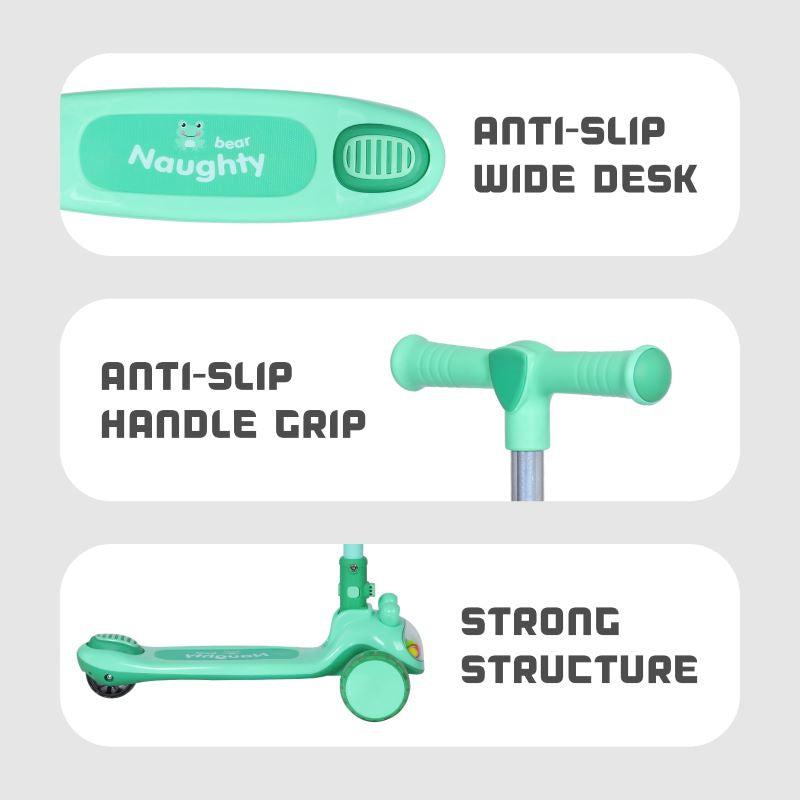 Close-up of PU LED glowing wheels on Road Runner Hopper Scooter for smooth and fun ride