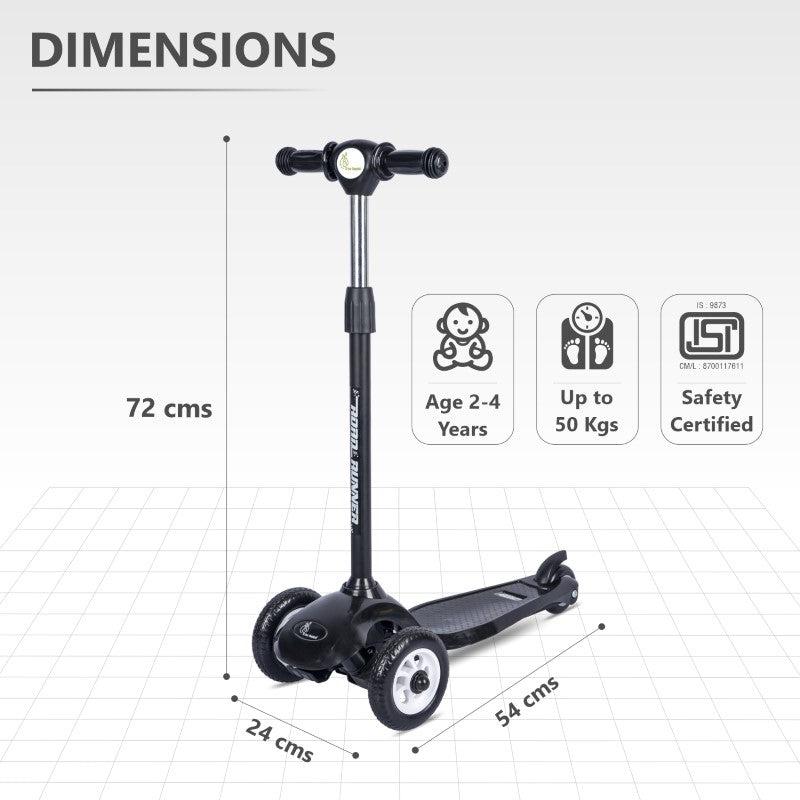 Black scooter with dimensions and safety certification